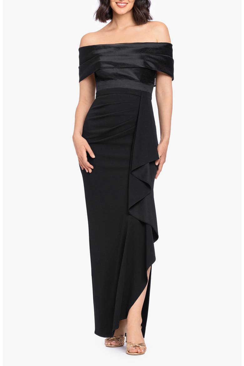 Mixed Media Off the Shoulder Cascade Ruffle Gown, Main, color, BLACK/ BLACK