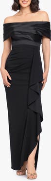 Betsy & Adam Mixed Media Off the Shoulder Cascade Ruffle Gown