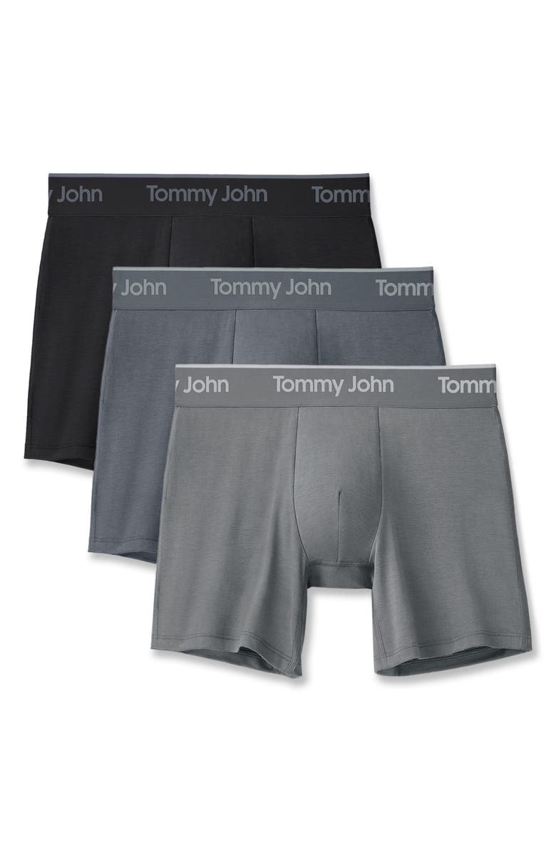 Tommy John 3-Pack Second Skin 6-Inch Stretch Modal Boxer Briefs, Alternate, color, Black/Turbulence/Monument
