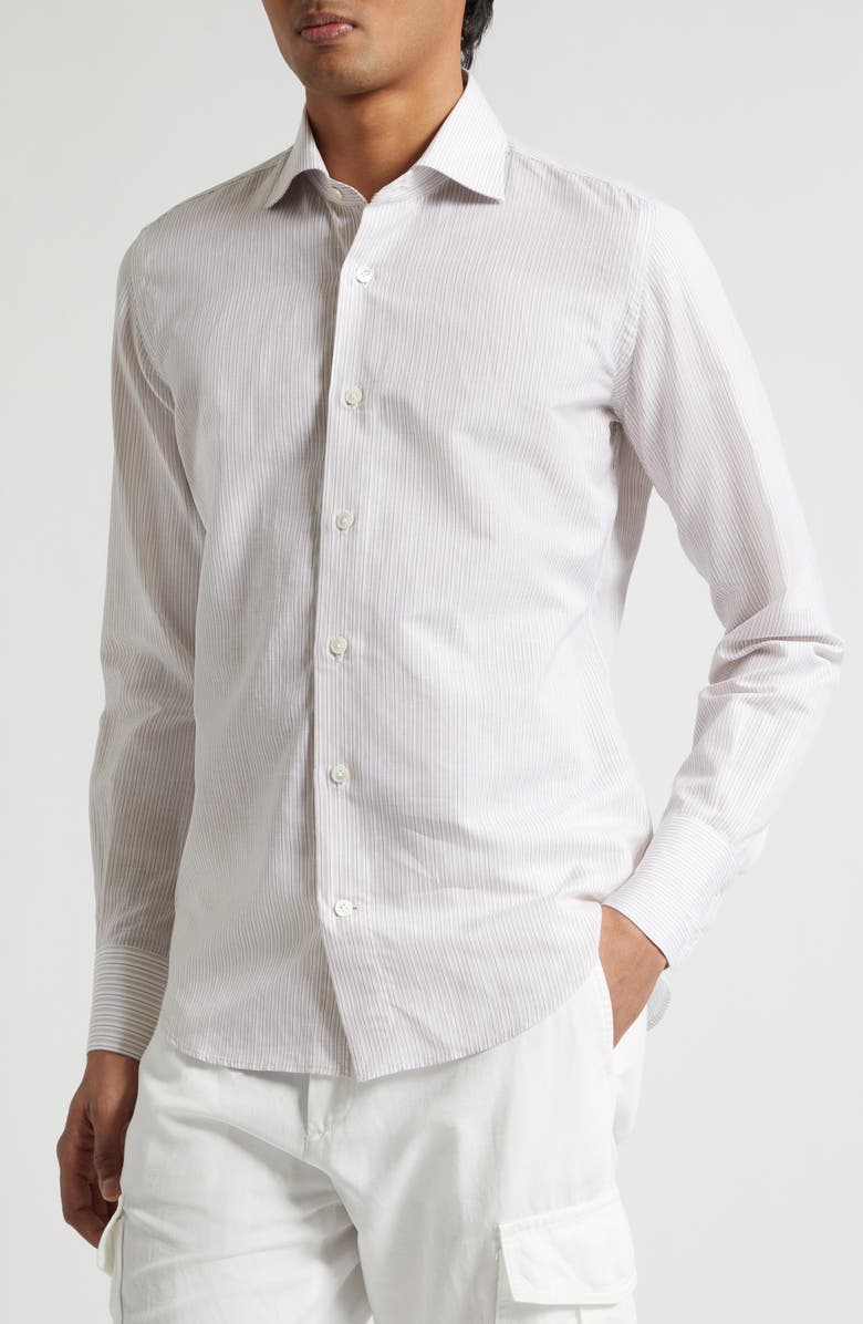 Eleventy Dandy Collar Stripe Cotton & Linen Button-Up Shirt, Alternate, color, Sand