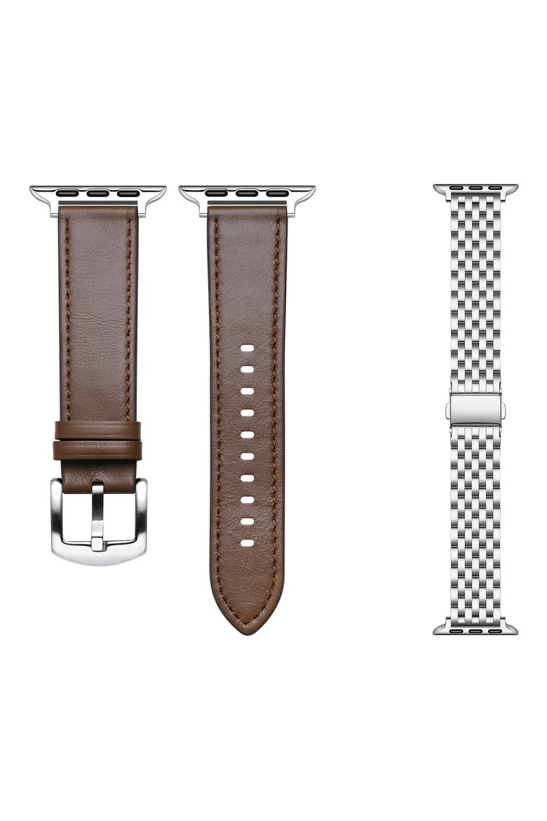 2-Pack Leather & Mesh Apple Watchbands, Main, color, BROWN/ SILVER