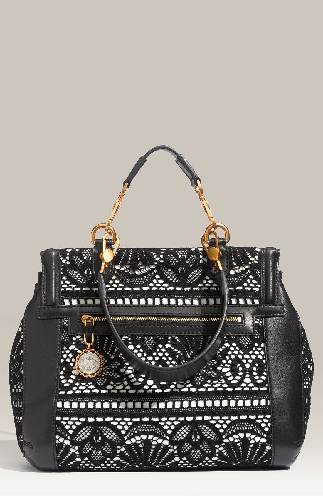 'Miss Rose' Lace & Leather Satchel, Alternate, color, BLACK