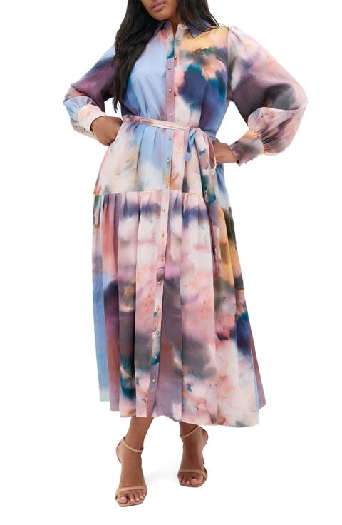 Maxi Floral Satin Maxi Shirtdress (Plus)