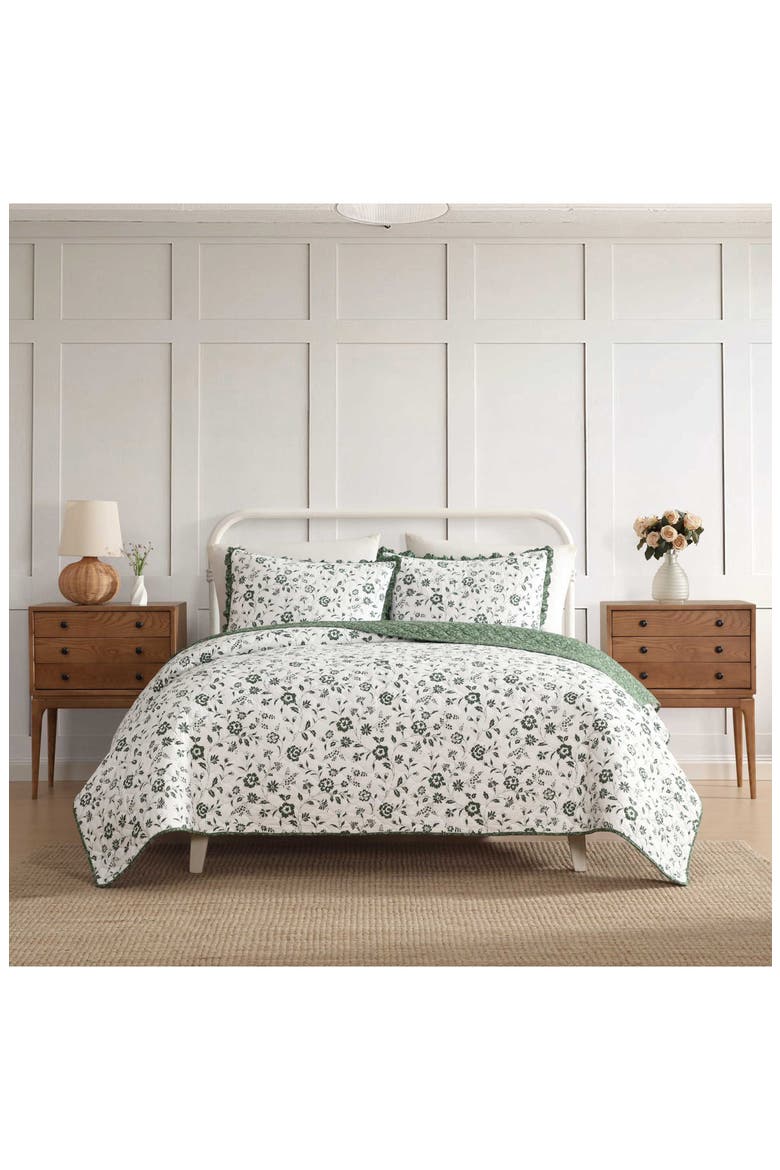 Miranda Floral Cotton Quilt & Sham Set, Alternate, color, DARK GREEN