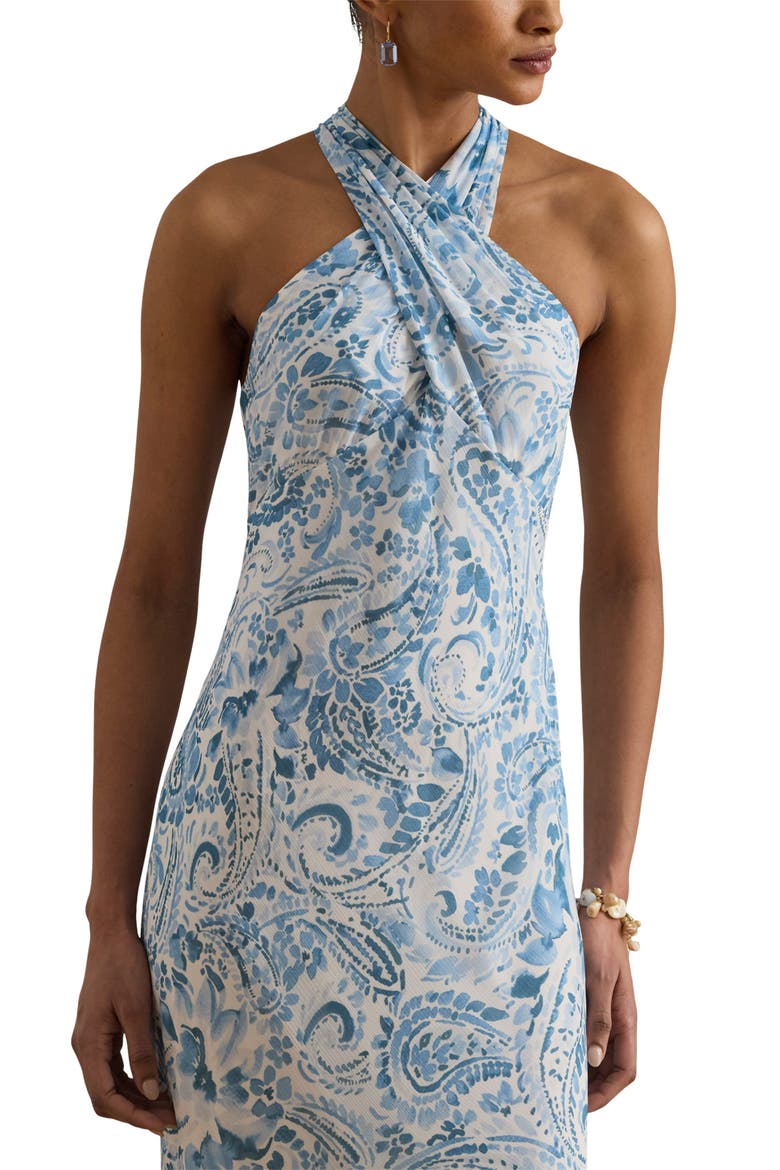 Halter Ruffle Maxi Dress, Alternate, color, WHITE/ BLUE MULTI