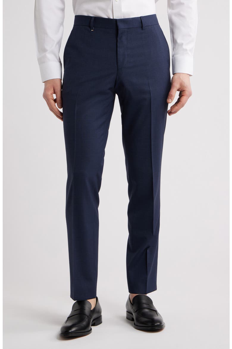 Genius Slim Fit Tan Microcheck Flat Front Stretch Dress Pants, Main, color, DARK BLUE