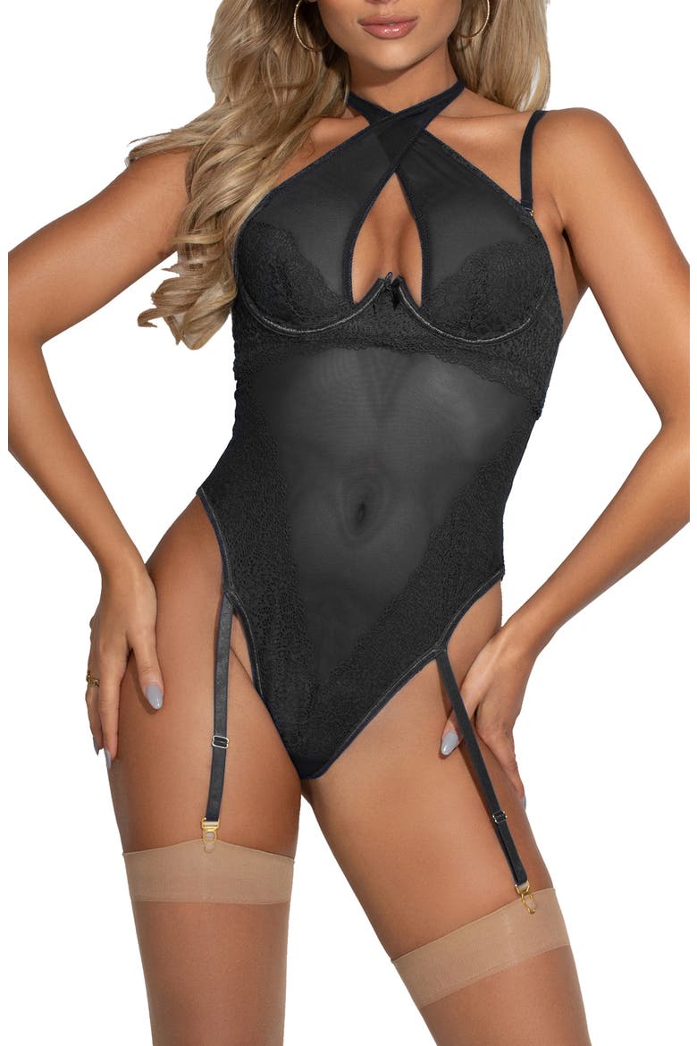 Halter Lace & Mesh Teddy, Main, color, BLACK