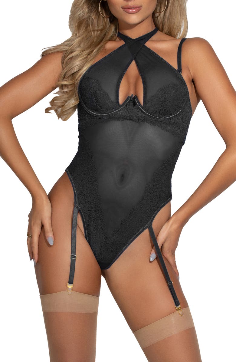 Seven ‘til Midnight Halter Lace & Mesh Teddy, Main, color, Black