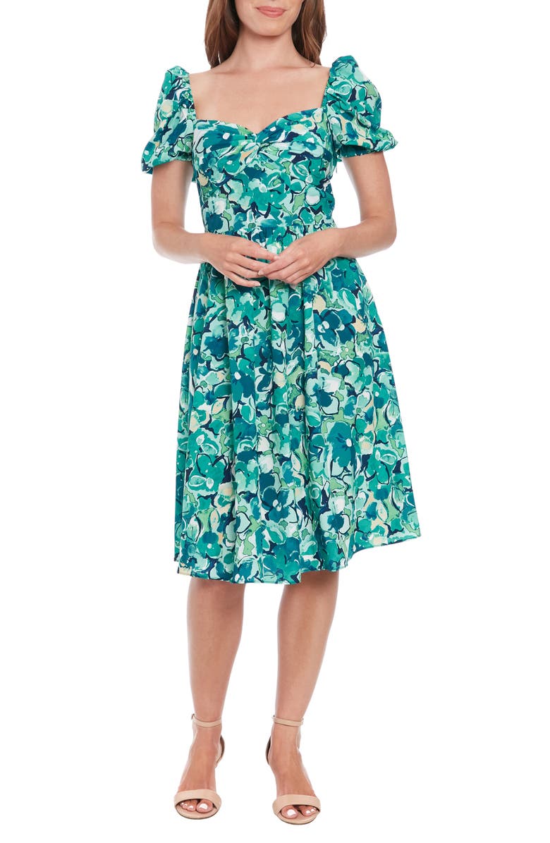 London Times Floral Puff Sleeve Twist Front Midi Dress, Main, color,