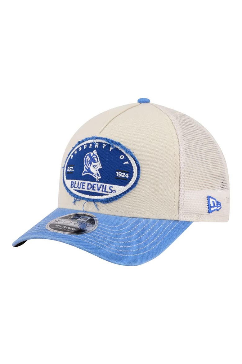 Men's New Era  Stone/Royal Duke Blue Devils Frayed Patch 9FORTY M-Crown A-Frame Trucker Adjustable Hat, Main, color, Stone