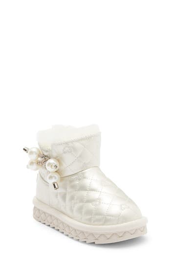 Doe A Dear Kids' Rhinestone Faux Pearl Faux Fur Trim Boot In White
