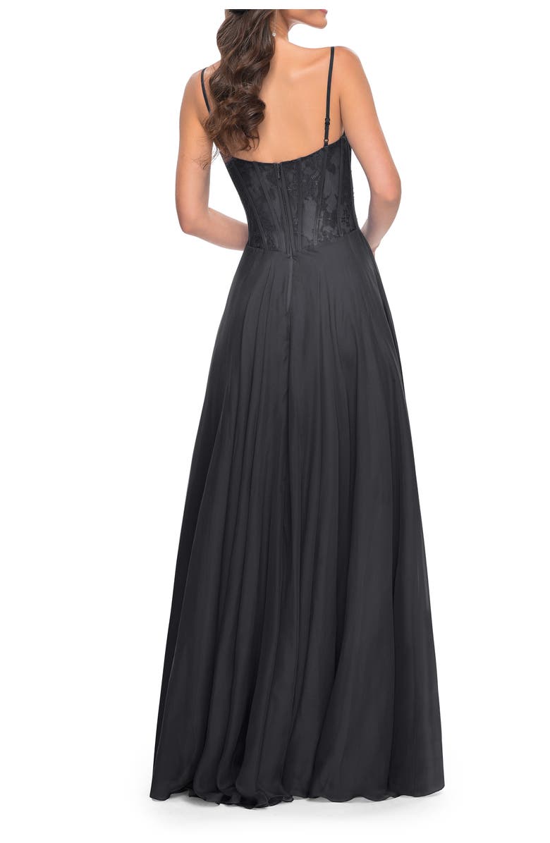 La Femme Chiffon and Lace Gown with Bustier Top, Alternate, color, Black