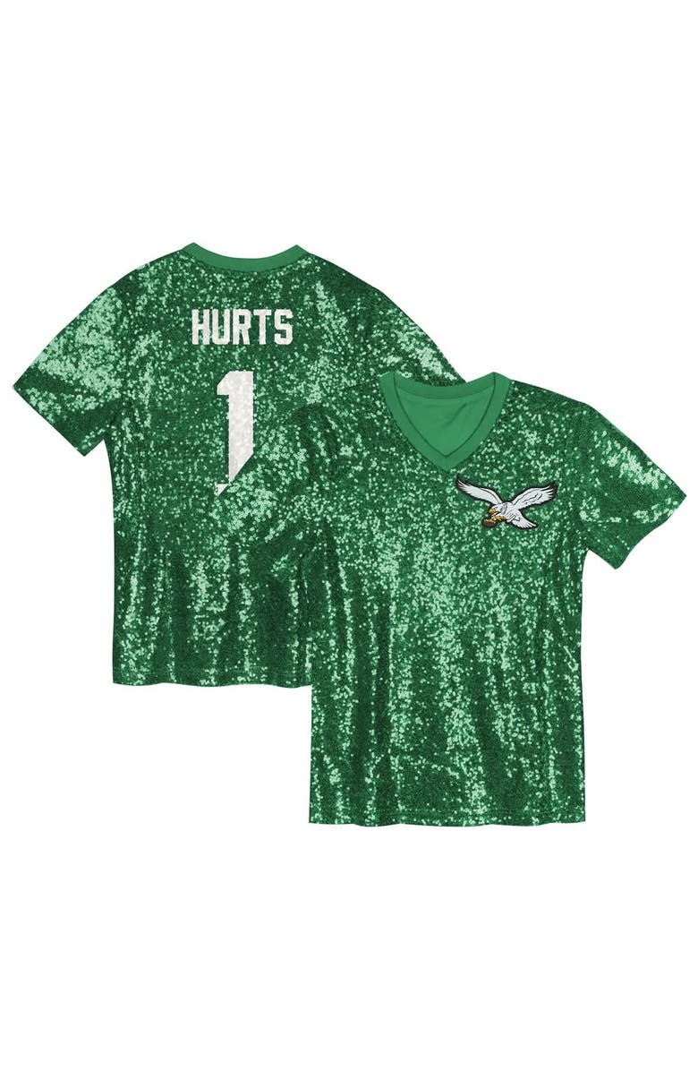 Outerstuff Girls Youth Jalen Hurts Kelly Green Philadelphia Eagles Sequin V-Neck Fashion Jersey, Main, color, Kelly Green