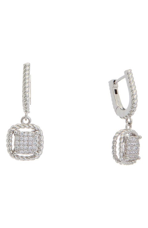 Pavé Cubic Zirconia Drop Huggie Hoop Earrings