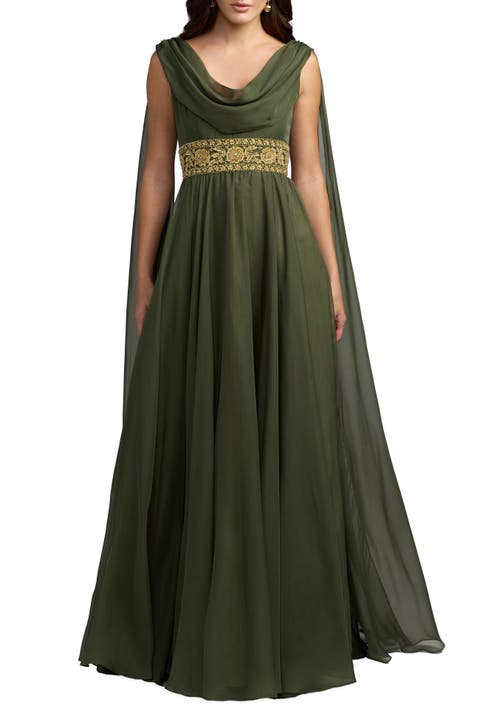 Cowl A-line Gown With Beaded Belt