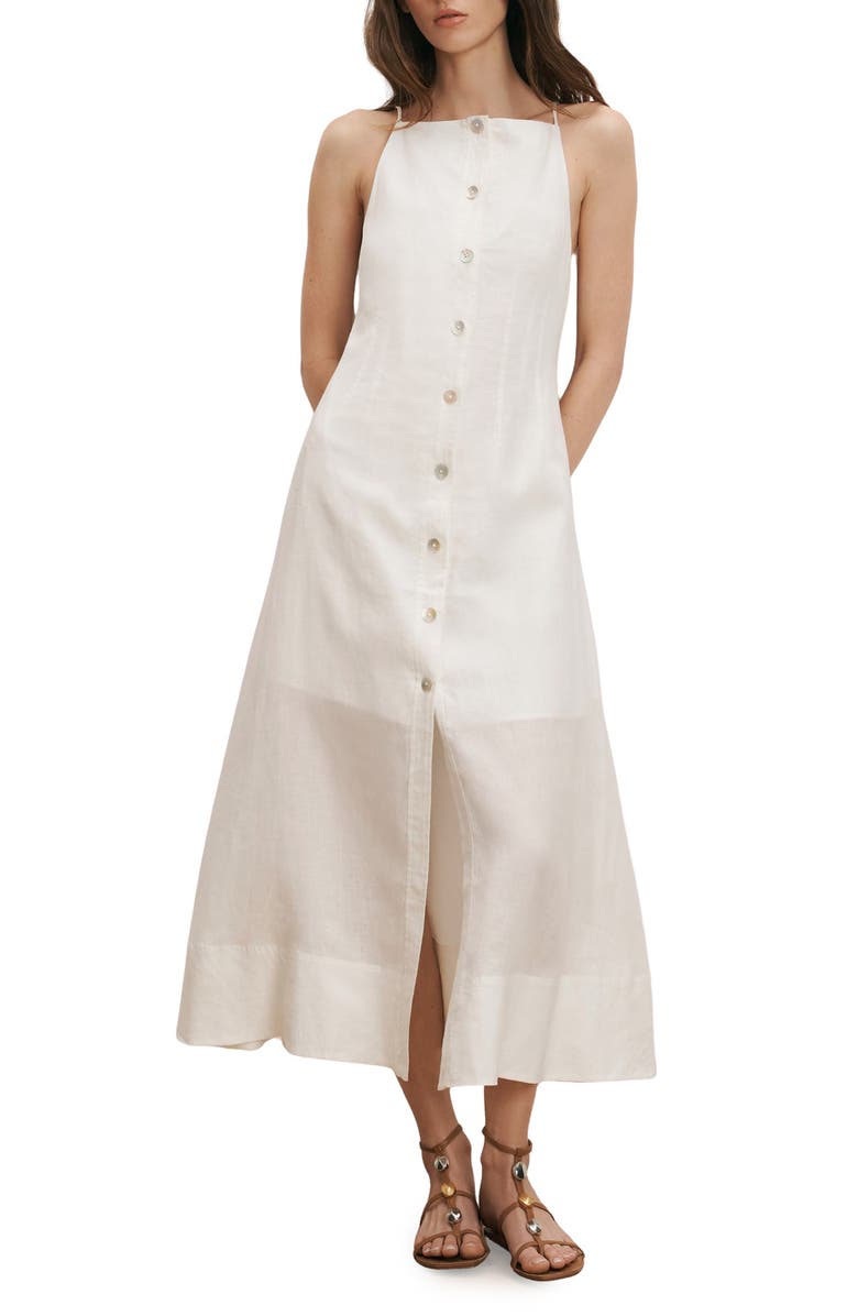 Veronica Beard Georges Linen Button-Up Midi Sundress, Main, color, White