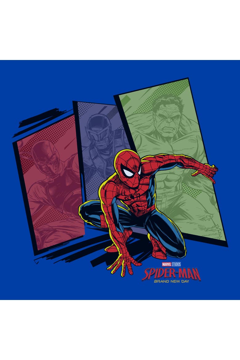 Mens Marvel Spider-Man Brand New Day Villains Halftone Panels T Shirt, Alternate, color, Royal Blue