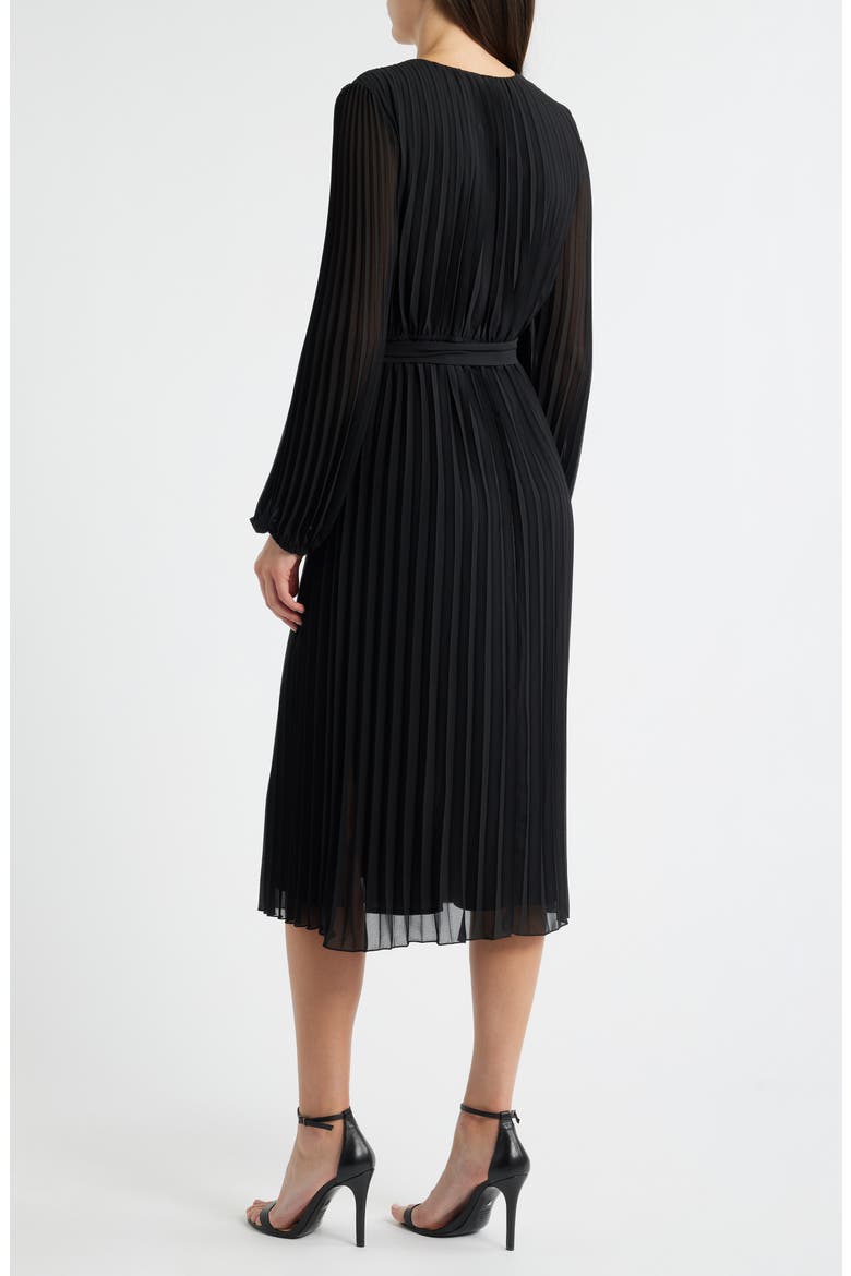 Pleated Long Sleeve Chiffon Midi Dress, Alternate, color, BLACK