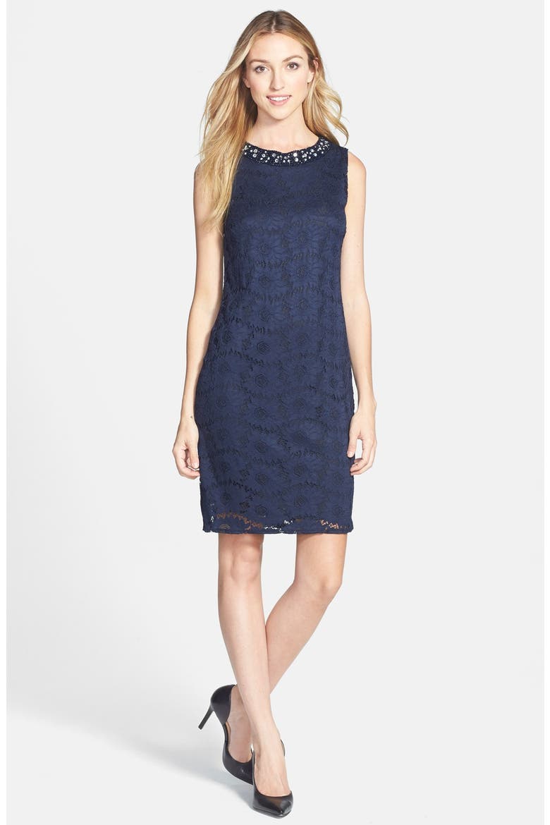 Embellished Neck Lace Shift Dress, Main, color, INK