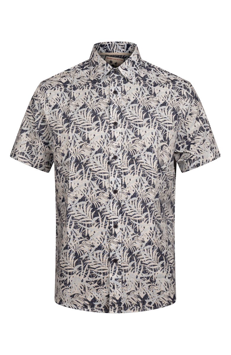 Report Collection Leaf Print Short Sleeve Linen & Cotton Blend Button-Up Shirt, Alternate, color, Navy
