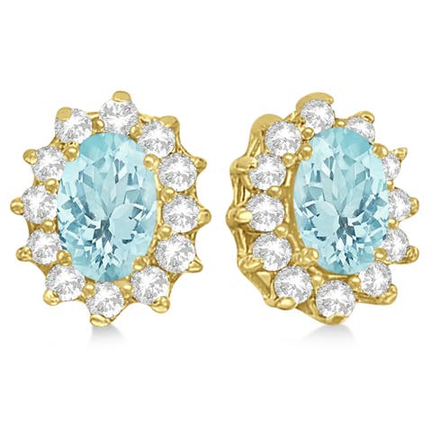 Oval Aquamarine & Diamond Accented Earrings 14k