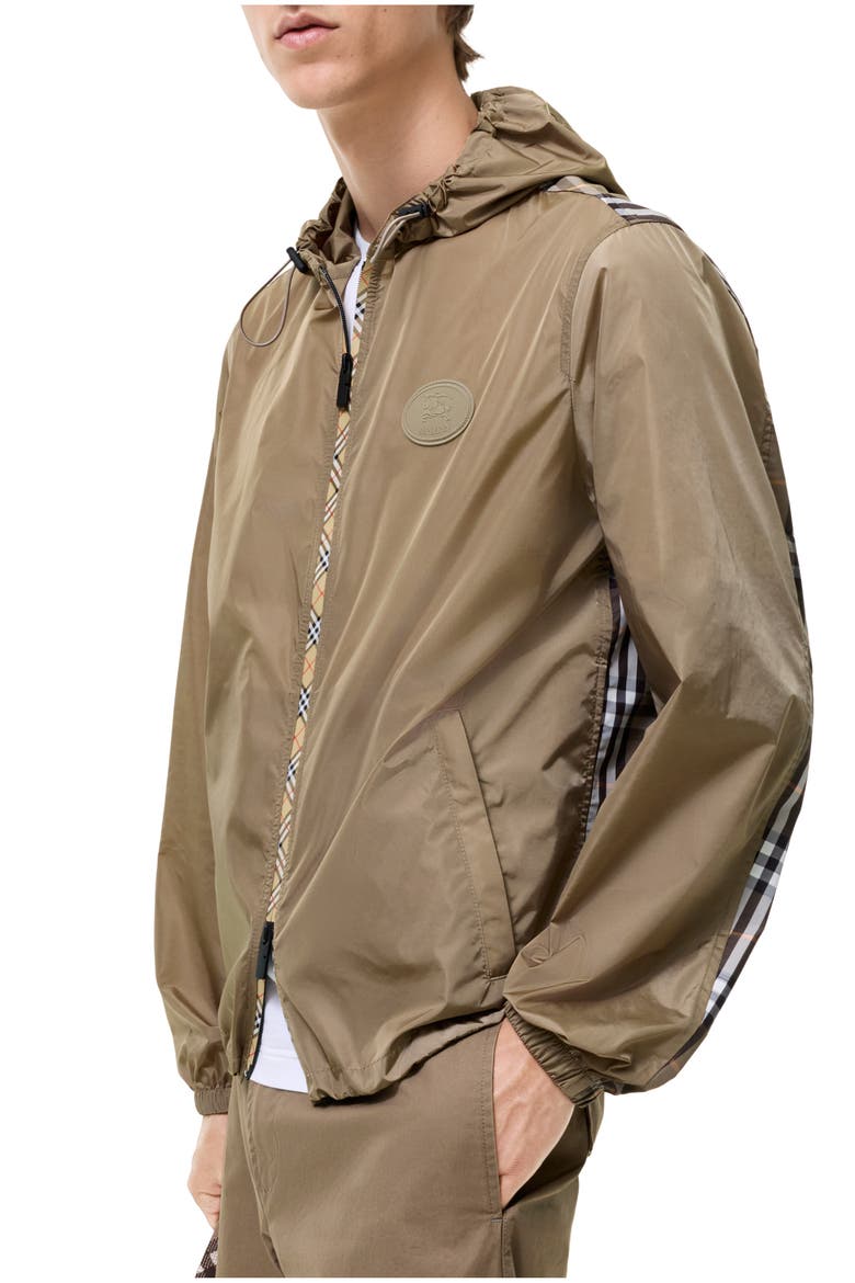 Check Trim Nylon Newport Hooded Jacket, Main, color, FINCH BROWN