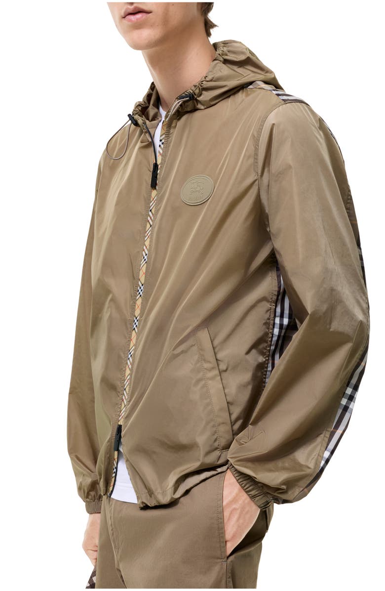 Burberry Check Trim Nylon Hooded Jacket, Main, color, Finch Brown