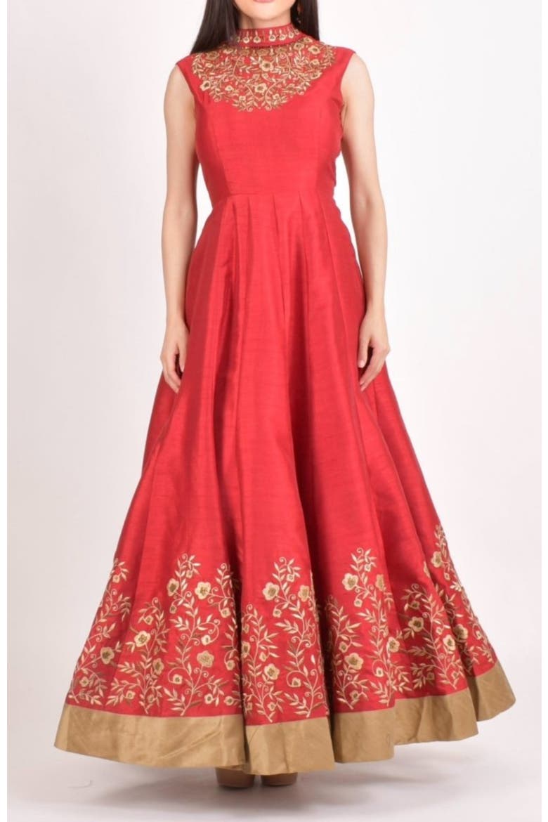 Embroidered Silk High Neck Gown, Alternate, color, Red