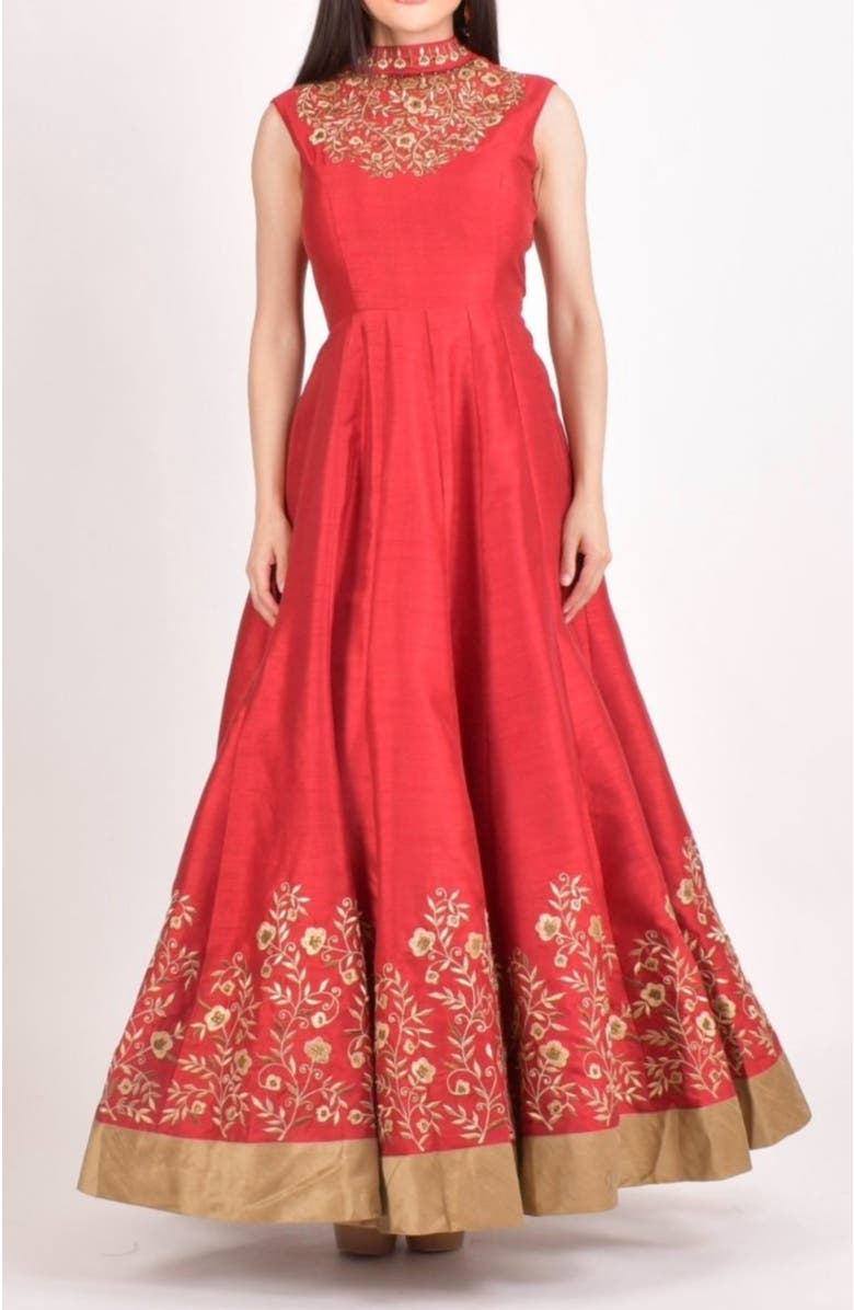 RAAS Embroidered Silk High Neck Gown, Alternate, color, Red