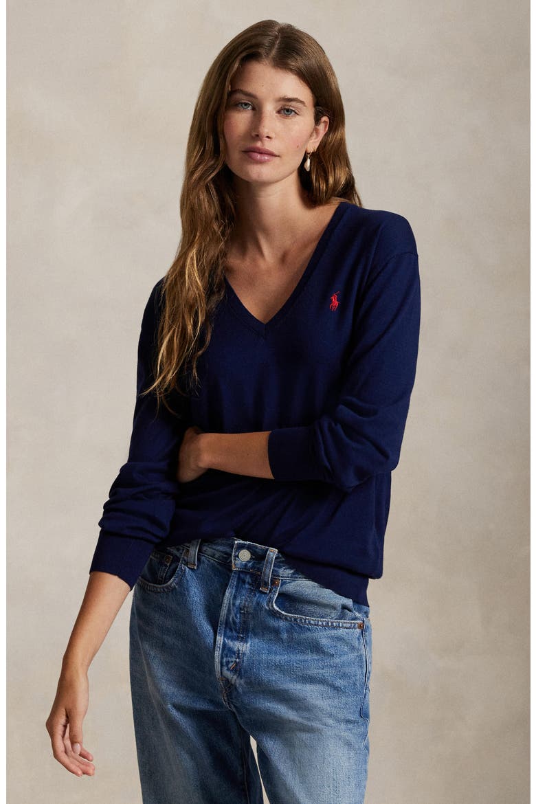 Relaxed Cotton V-Neck Sweater, Alternate, color, BRIGHT NAVY