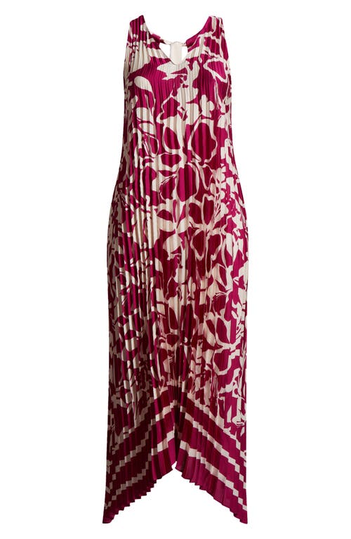 Melloday Pleated Satin Maxi Dress In Magenta/ivory Print