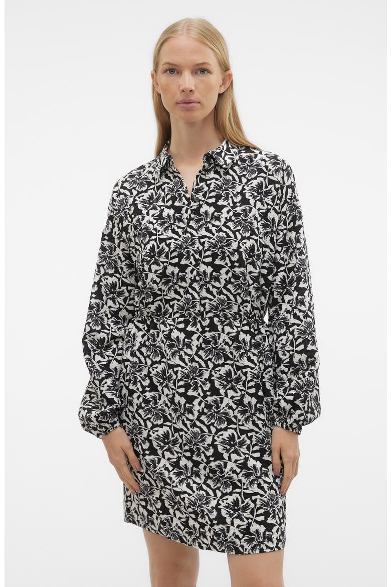 Sophia Floral Print Long Sleeve Shirtdress, Alternate, color, BLACK AOP WHITE FLOR