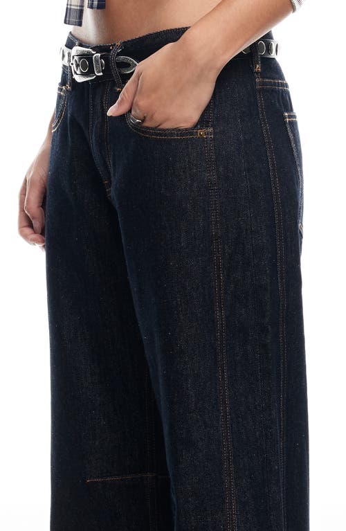 Shop Lioness Renacida Low Rise Wide Leg Jeans In Dark Denim