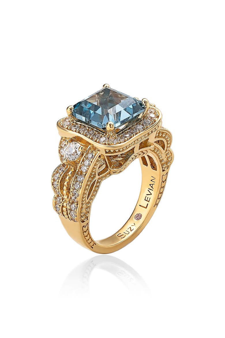Ascher Cut Aqua Cubic Zirconia Halo Ring, Alternate, color, AQUA