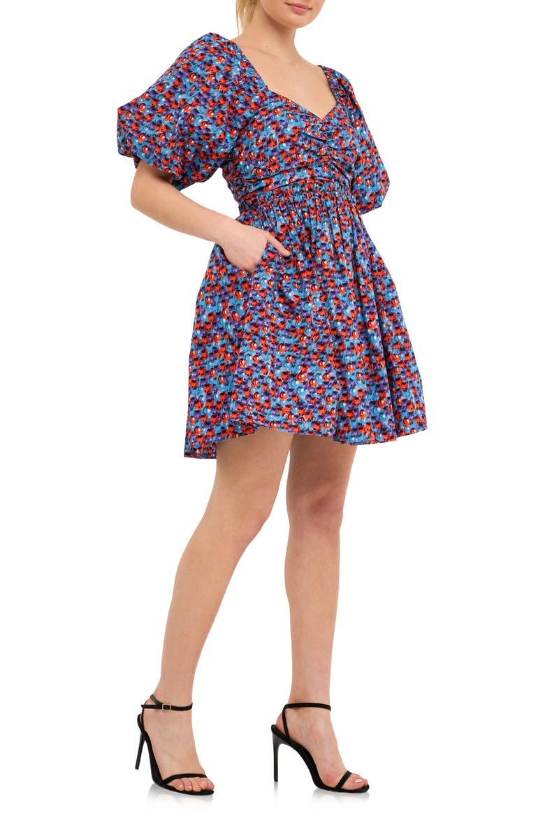 Floral Print Ruched Puff Sleeve Cotton Poplin Babydoll Dress, Alternate, color, BLUE/PURPLE