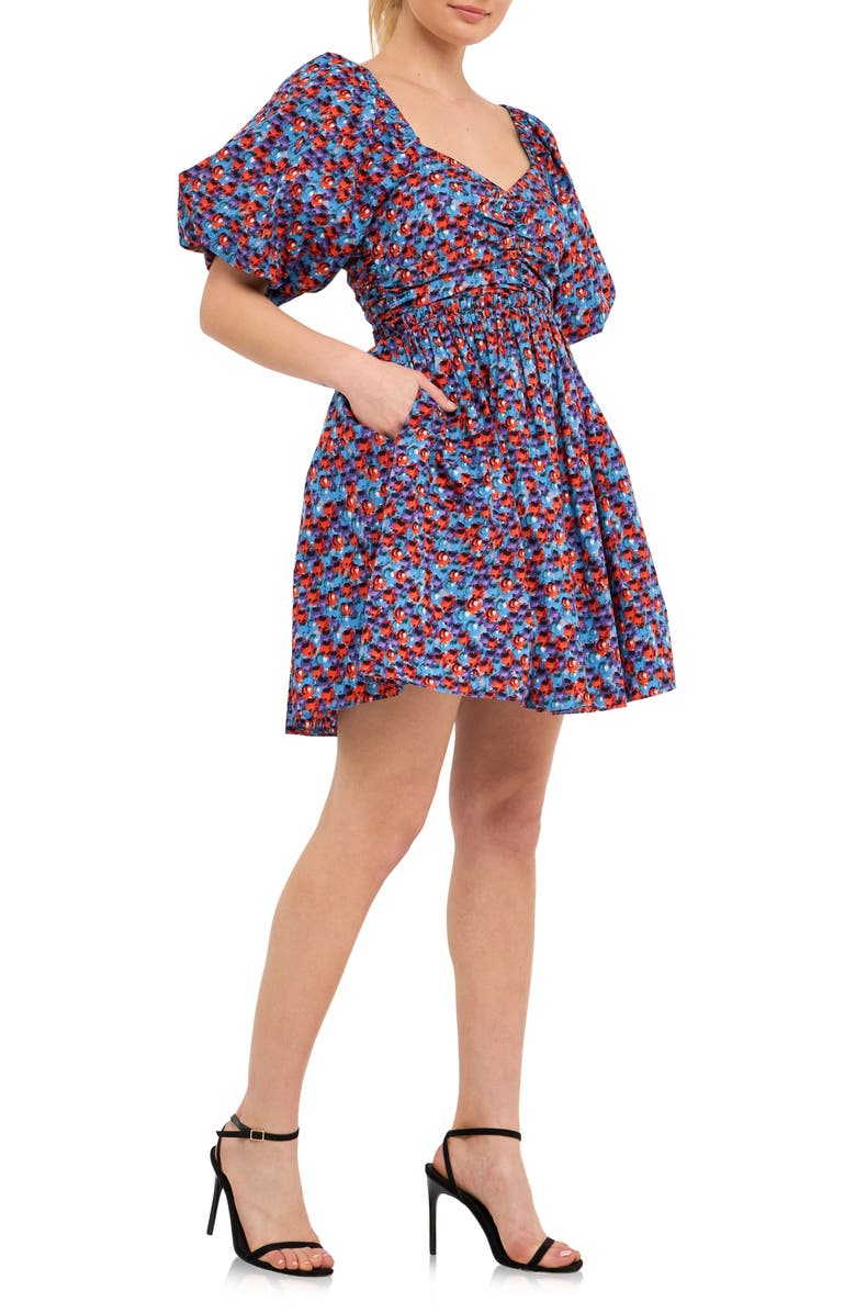 Endless Rose Floral Print Ruched Puff Sleeve Cotton Poplin Babydoll Dress, Alternate, color, Blue/Purple