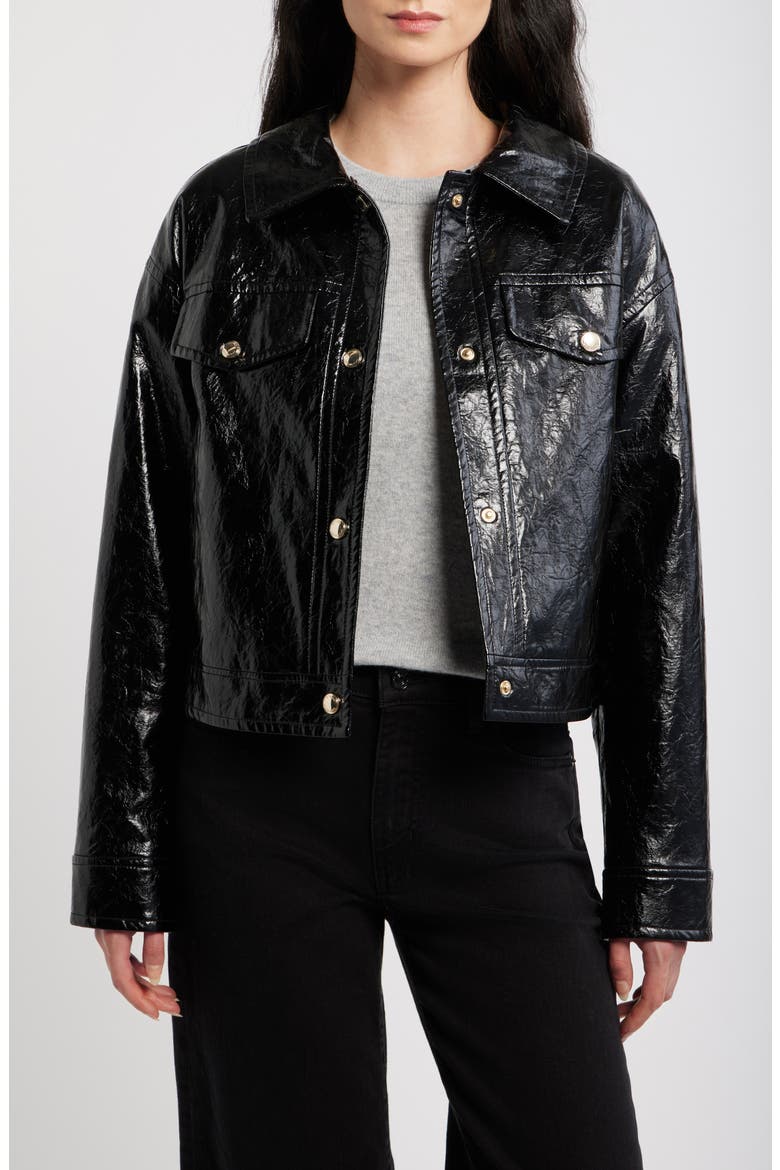 Faux Patent Leather & Faux Shearling Jacket, Alternate, color, BLACK