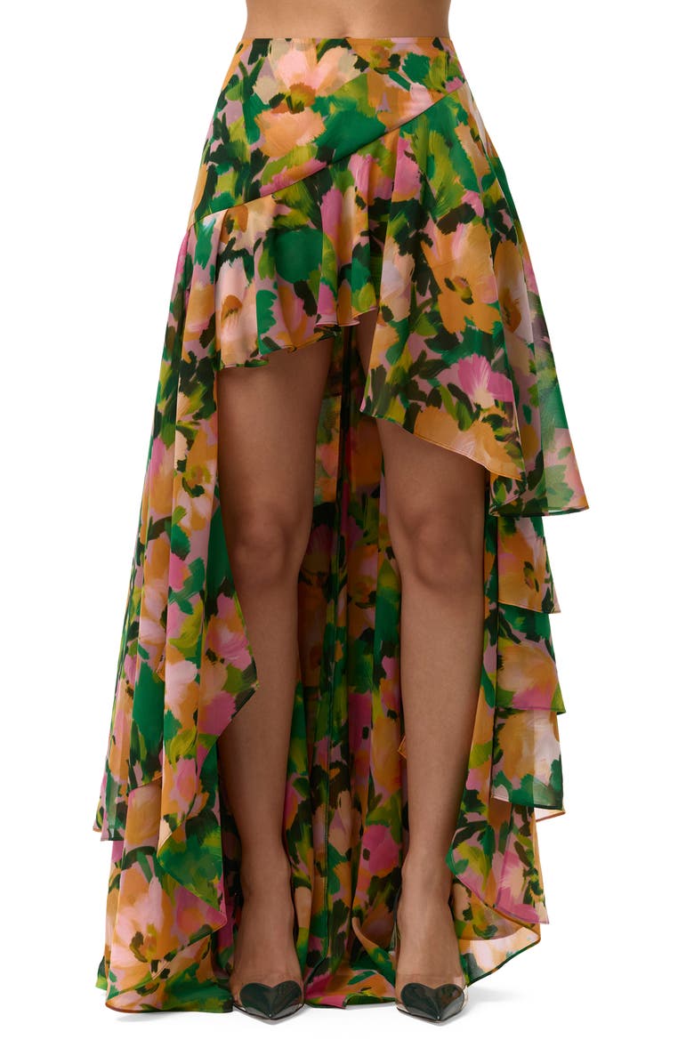 Naked Wardrobe Asymmetric Ruffle Chiffon High-Low Skirt, Main, color, Secret Garden