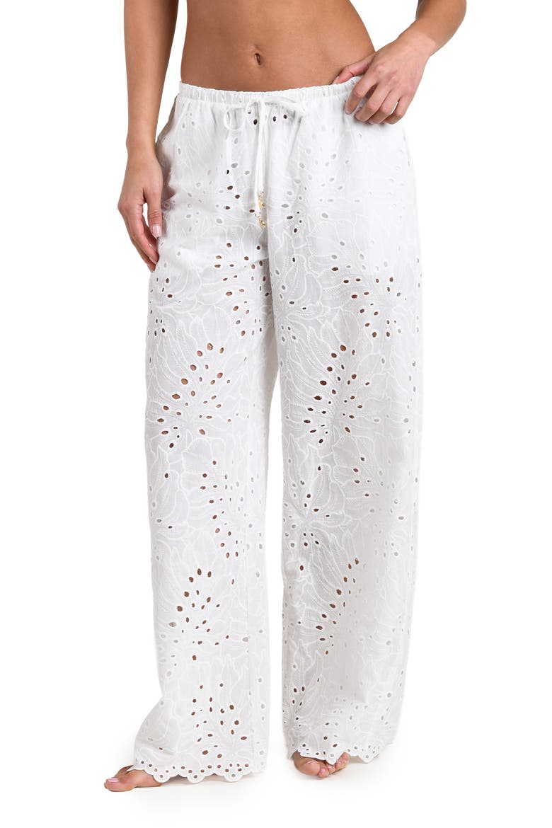 Monstera Eyelet Cove Cover-Up Pants, Alternate, color, WHITE