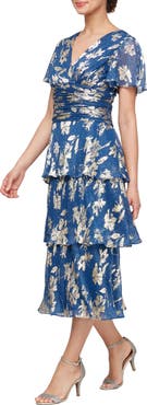 SL FASHIONS Metallic Floral Print Midi Cocktail Dress