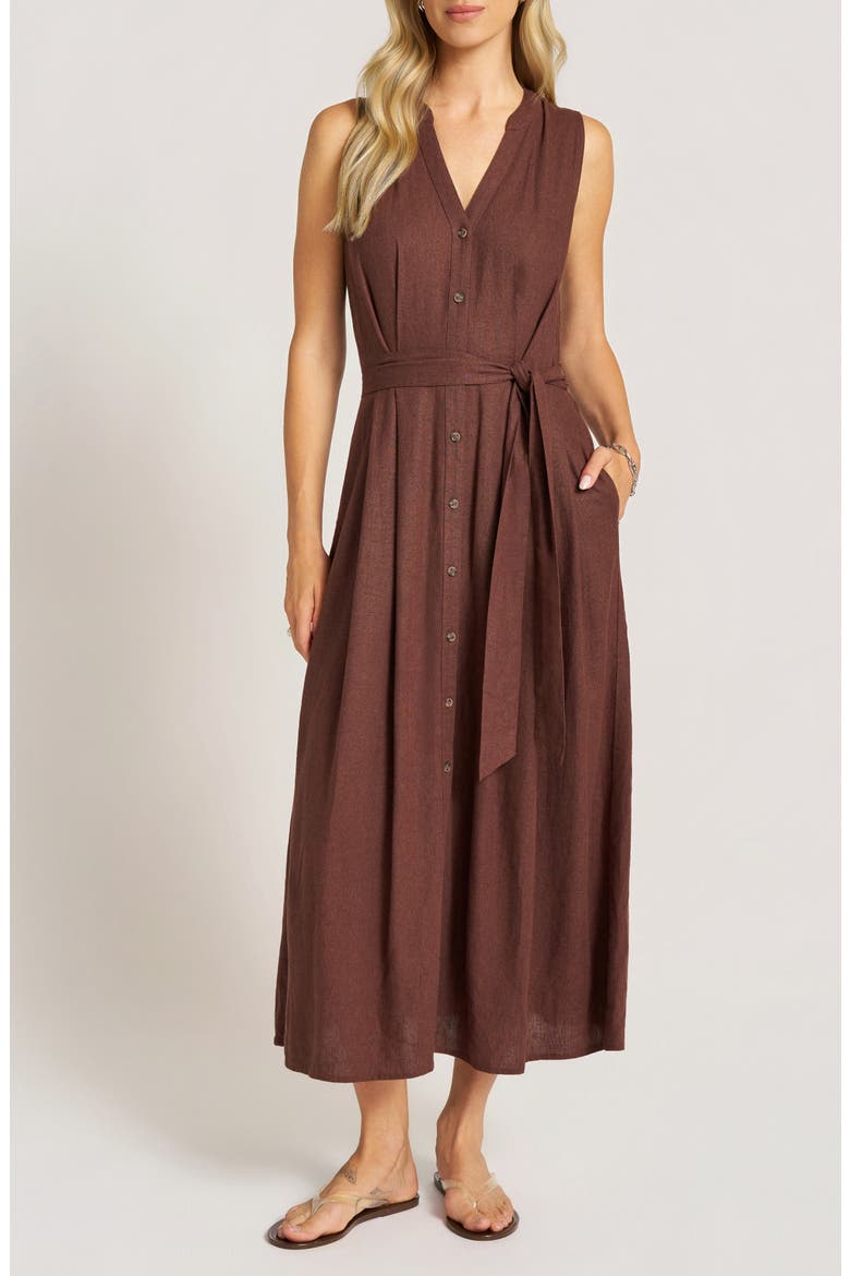 Nivara Linen Blend Sleeveless Midi Dress, Main, color, CHOCOLATE