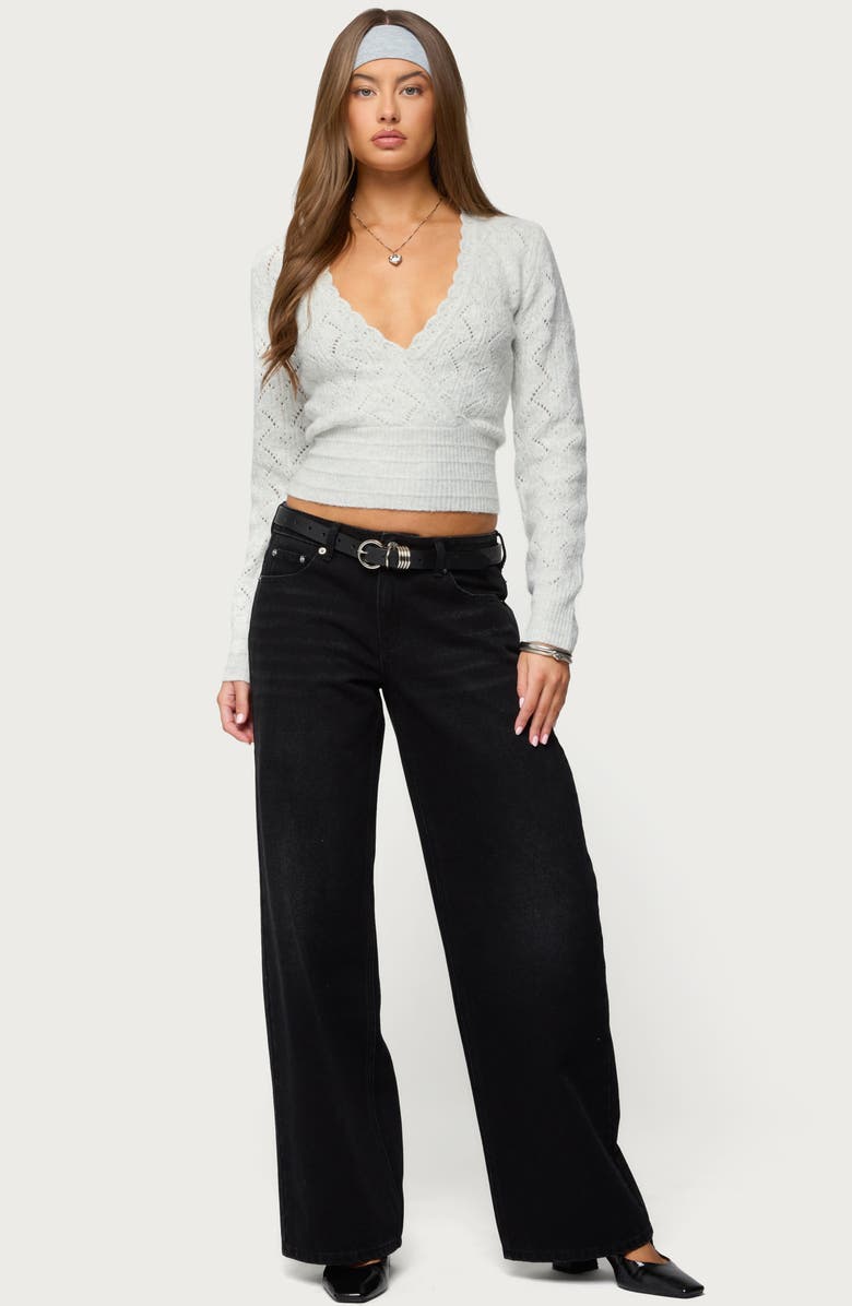 EDIKTED Janine Pointelle V-Neck Crop Sweater, Alternate, color, Gray-Melange