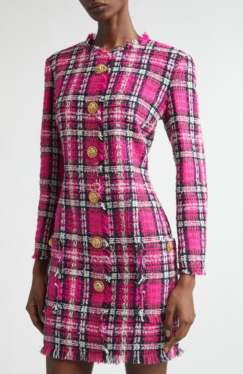 Balmain Long Sleeve Fringe Tweed Dress, Alternate, color, Pink Multi