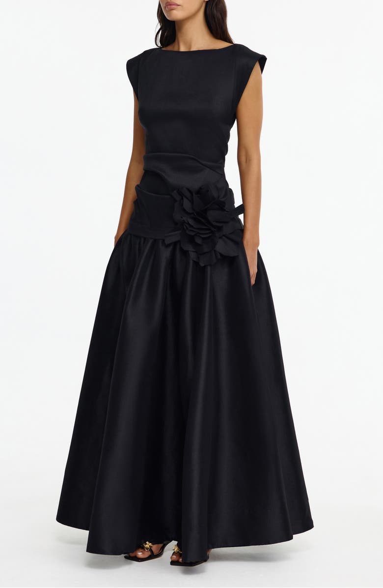 Acler Delph Ruched Floral Appliqué Satin Drop Waist Gown, Alternate, color, Black