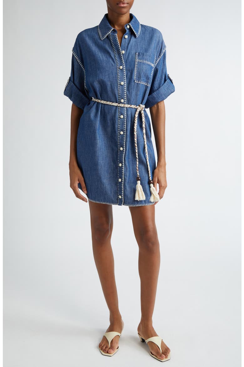 Blanket Stitch Denim Mini Shirtdress, Main, color, RAILWAY BLUE