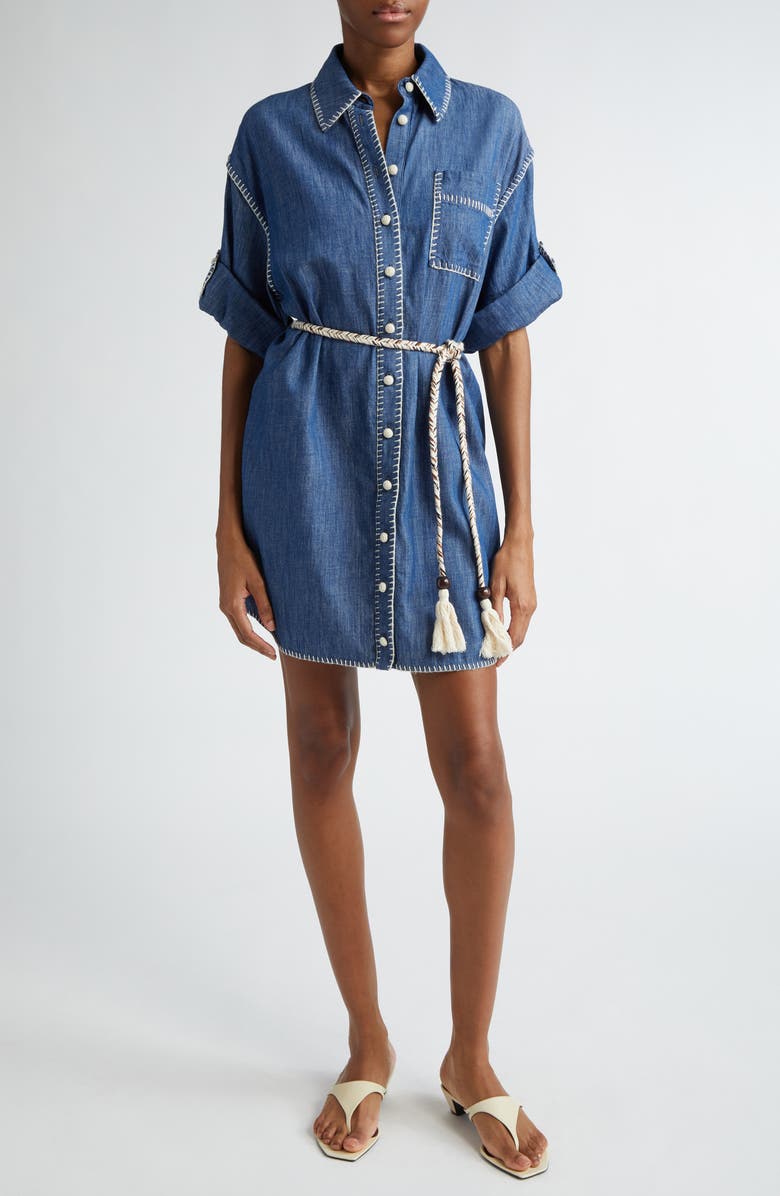 Zimmermann Blanket Stitch Denim Mini Shirtdress, Main, color, Railway Blue