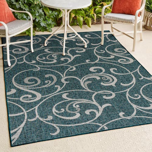 Jonathan Y Maribel Traditional Classic All-over Scroll Indoor/outdoor Area Rug In Turquoise/cream