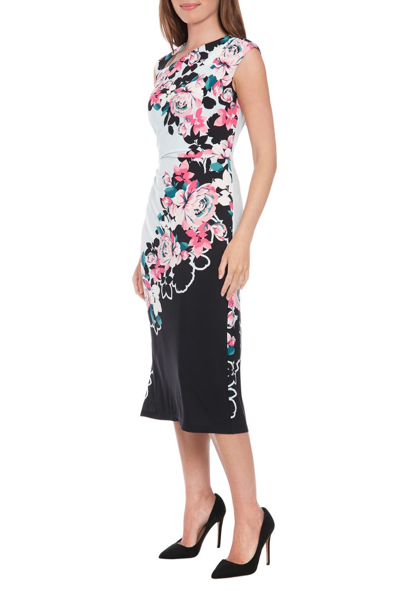 Floral Ruched Cap Sleeve Midi Dress, Alternate, color, BLACK/ PINK