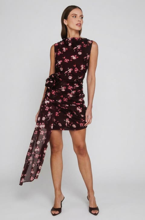Floral Coursage Ruched Mini Dress