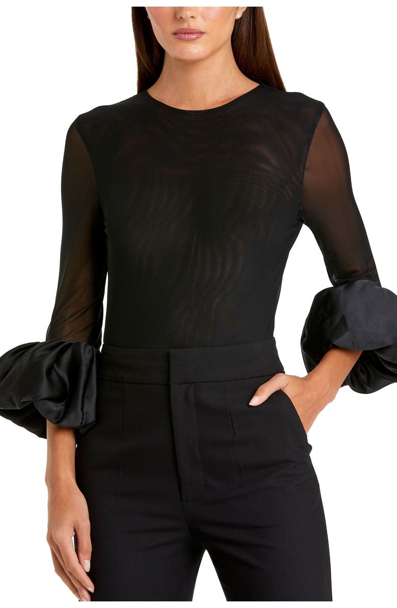 Mac Duggal Mesh Long Sleeve Bodysuit With Satin Puff Sleeves, Main, color, 